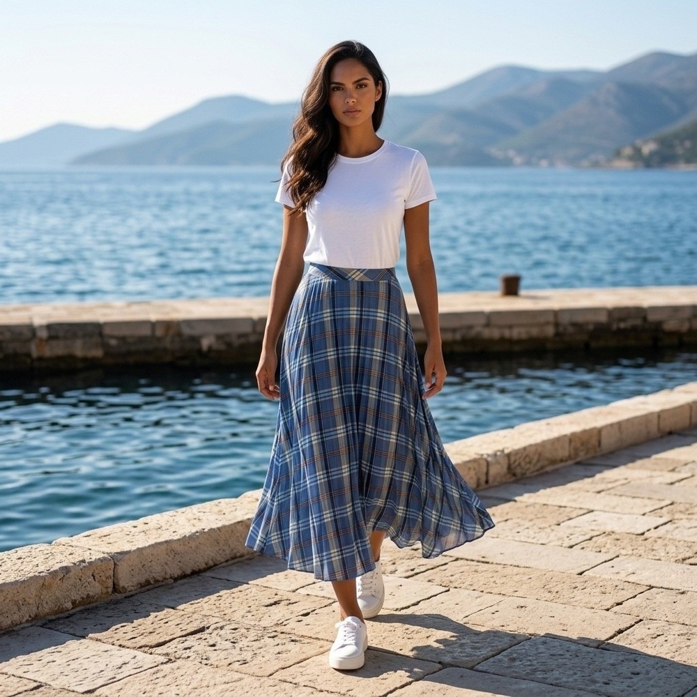 8 BY YOOX Blue Plaid Pleated Maxi Skirt Made in Italy Size IT 44‎ US 8 Picnic